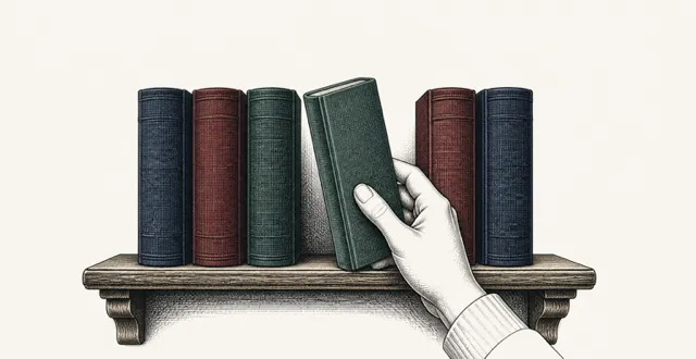 A hand slides a cloth-bound book into a gap on a small shelf of books