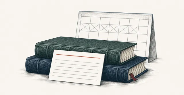 A recall card with a red top rule propped against two books, a calendar with days crossed off behind it